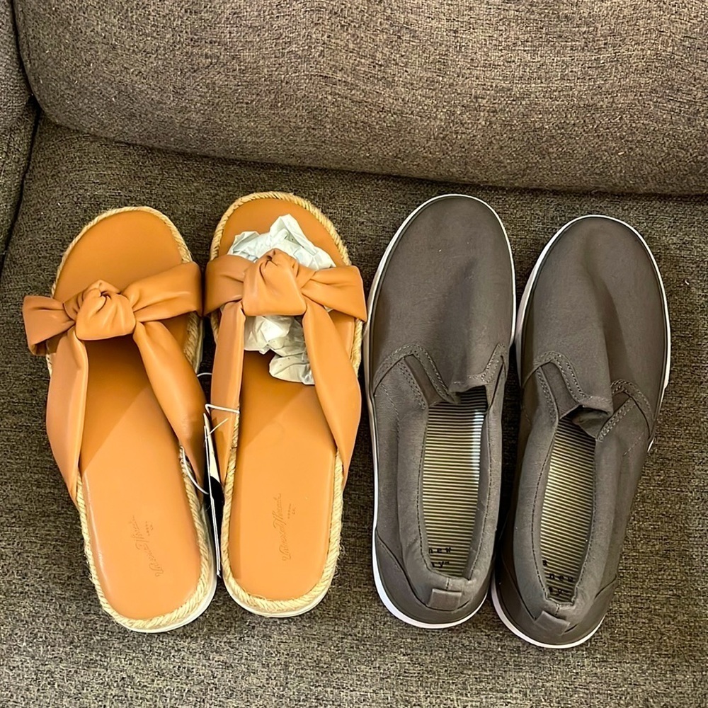New 2 Pairs of Women’s Sandals Slippers Slip on Sneakers Tennis Shoes Tan & Gray